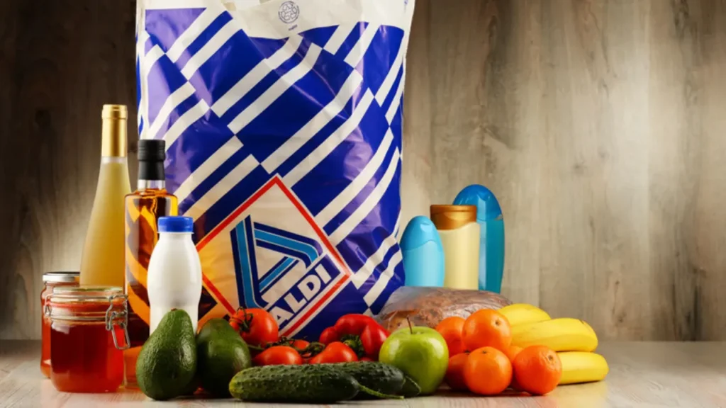 Aldi Packing Bag Next And Grocery Resting On A Wooden Surface - Is Aldi Open on Labor Day?