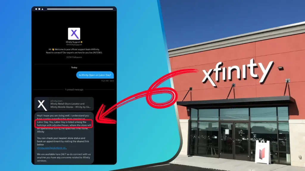 Screenshot of Chat with Xfinlty Support Next to Exterior of An Xfinity Store - Is Xfinity Open on Labor Day?