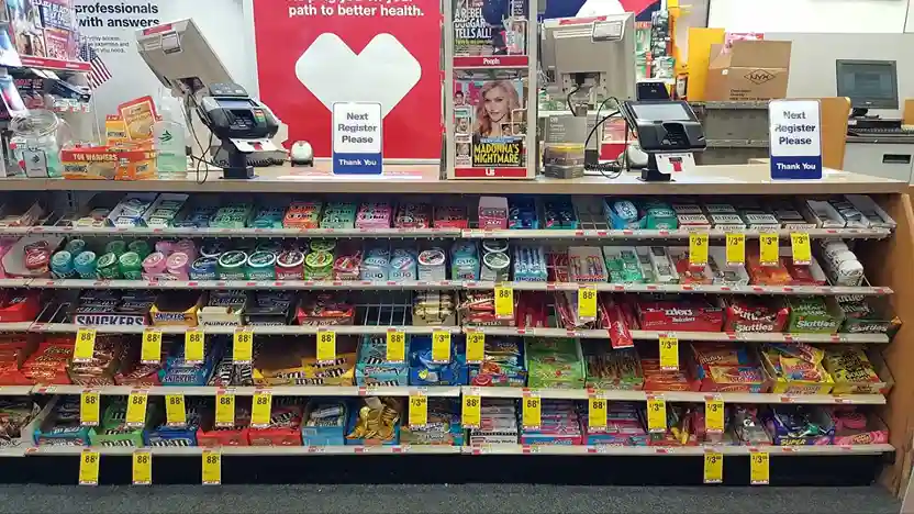 Register Area Of A CVS & Snacks on Shelves - Is CVS Open on Labor Day?
