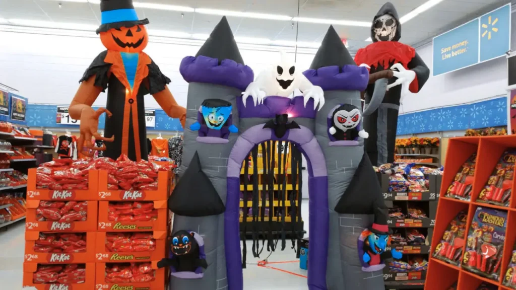 A Large Inflatable Halloween Decorations in A Walmart Store Aisle - Is Walmart Open on Halloween?