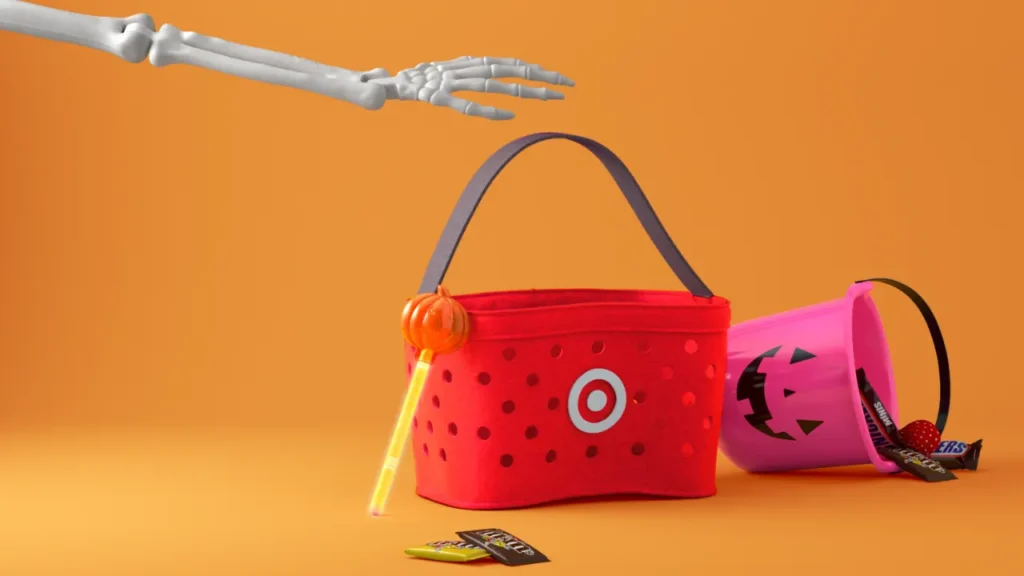 Red Target Halloween Basket with A Skeleton Hand Reaching for Candy - Is Target Open On Halloween?