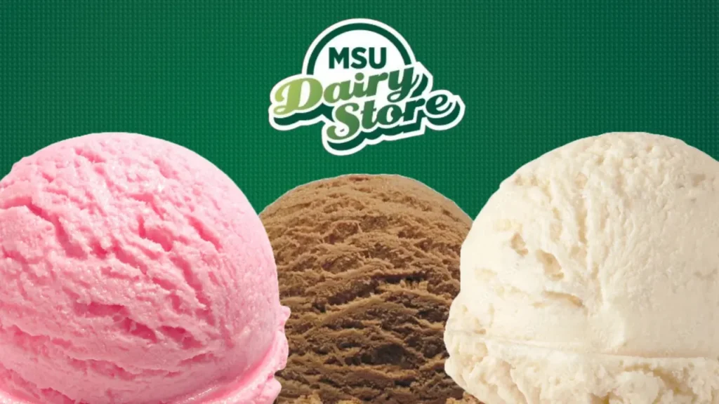 Three Scoops of Ice Cream with The MSU Dairy Store Logo - MSU Dairy Store Hours