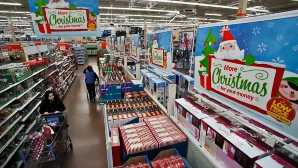 Christmas Banners in A Walmart Store - Is Walmart Open on Christmas?