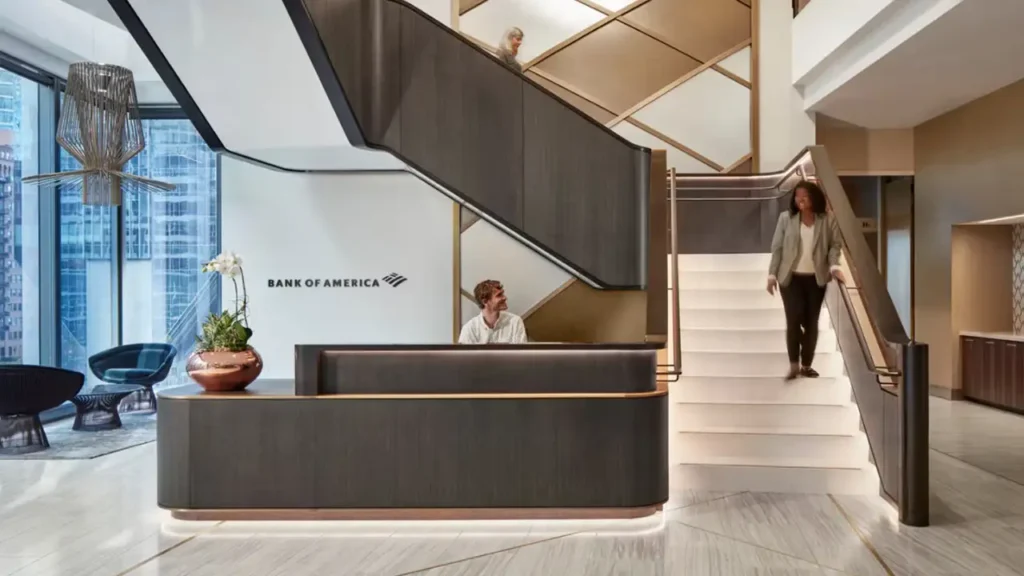 Bank of America Office Lobby with A Reception Desk and Staircase - Bank of America Business Hours