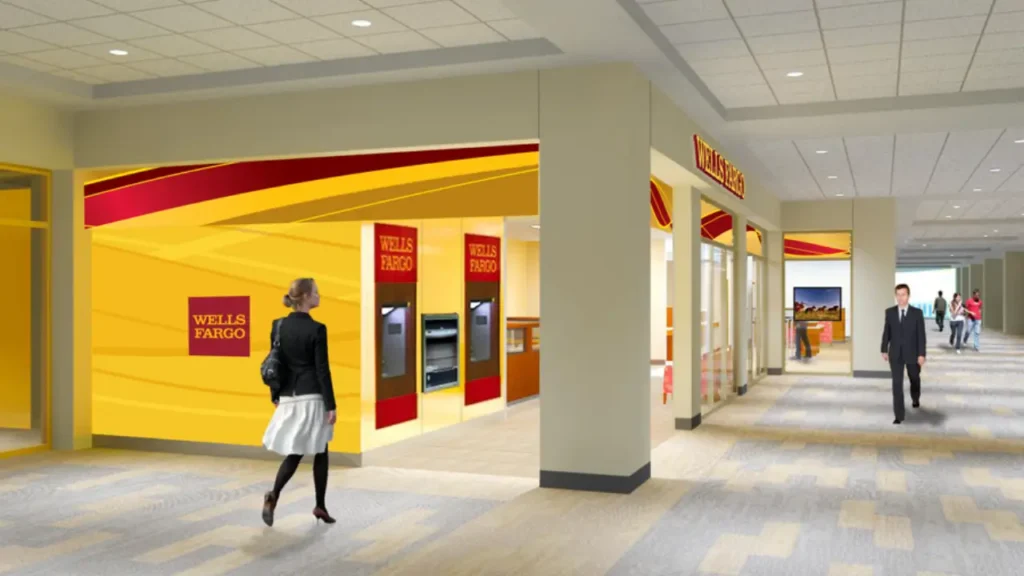 Interior View of A Wells Fargo Bank Lobby With ATMs And People Walking - Wells Fargo Working Hours