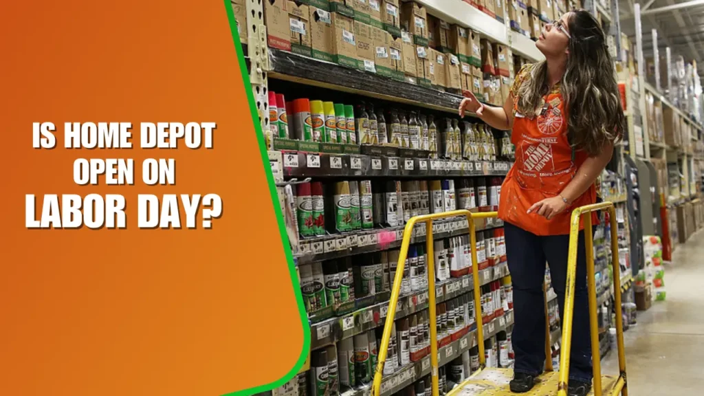 Home Depot Staff Checking Items and Blog Title Text - Is Home Depot Open on Labor Day?