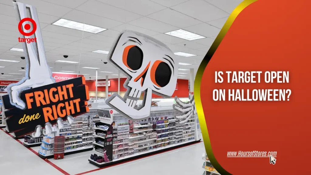 A Halloween Display Inside a Target Store Features a Stylized Skeleton with A Sign Reading FRIGHT done RIGHT With Blog Title - Is Target Open On Halloween?