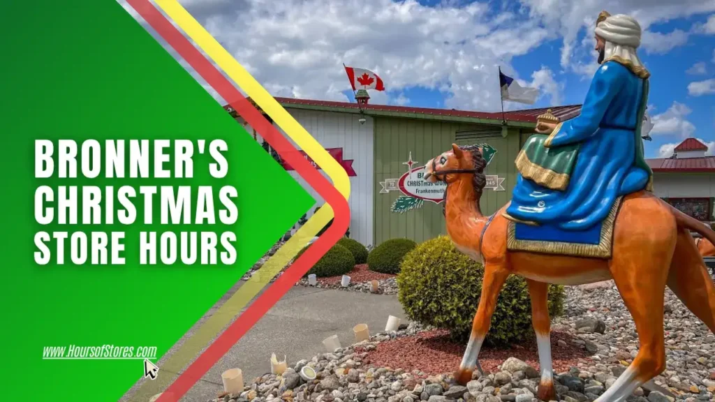 A Statue of a Wise Man Riding a Camel In Front of A Wide Exterior Shot of Bronner's CHRISTmas Wonderland With Title Text - Bronner's CHRISTmas Store Hours