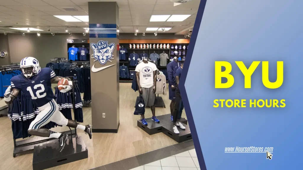 An Indoor BYU Store View Featuring Sports Apparel and Merchandise With Blog Title Text - BYU Store Hours