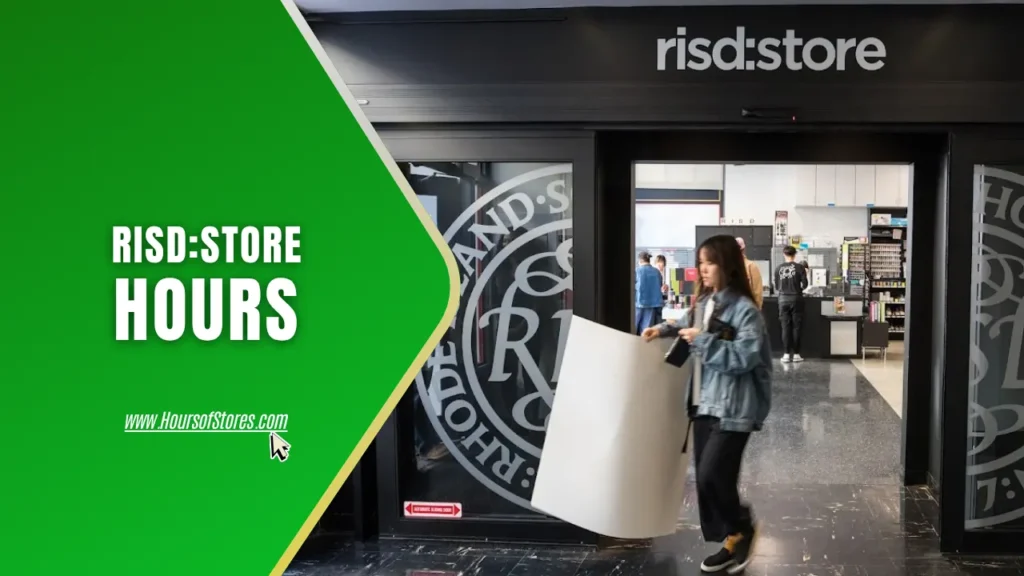 A Shopper Carrying Drawing Sheet Near RISD Store Entrance With Blog Title Text - RISD Store Hours