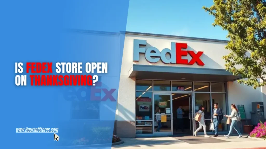 Individuals Walking To and From a FedEx Store WIth Blog Title Text - Is FedEx Store Open on Thanksgiving?