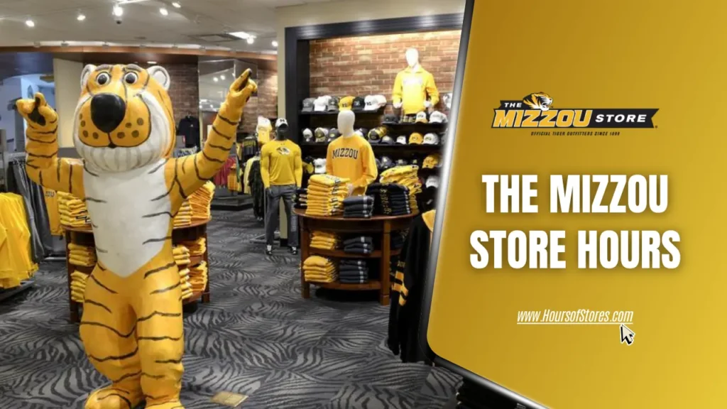 Mizzou Mascot and Merchandise in The Mizzou Store With Store Logo And Article Title Text- The Mizzou Store Hours