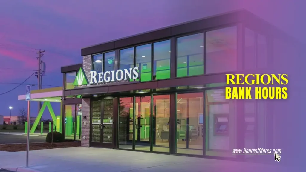 A Regions Bank Branch Building Illuminated in Green and Red Light at Dusk With Blog Title Text - Regions Bank Hours