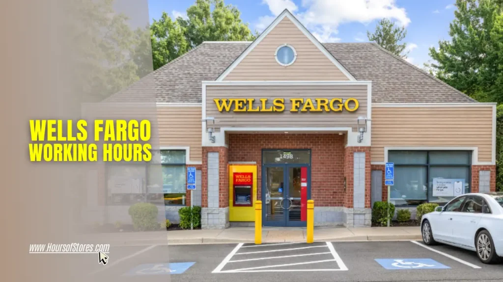 A Wells Fargo Bank Branch Exterior with An ATM And a Parked Car Next To Blog Title Text - Wells Fargo Working Hours