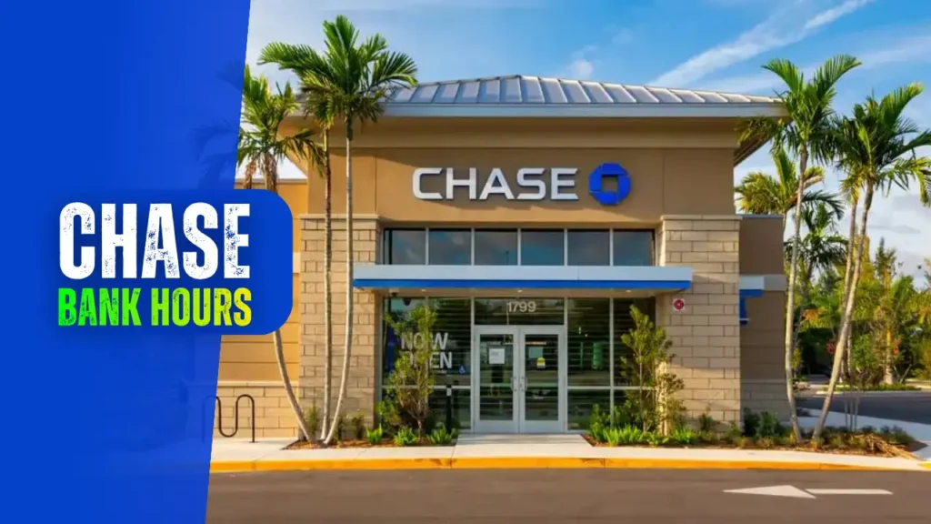 Exterior View of A Chase Bank Branch Building with Palm Trees and Blog Title Text - Chase Bank Hours
