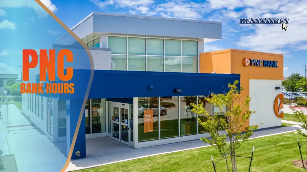 Exterior view of A PNC Bank Branch Building Under Partially Cloudy Sky With Blog Title Text - PNC Bank Hours