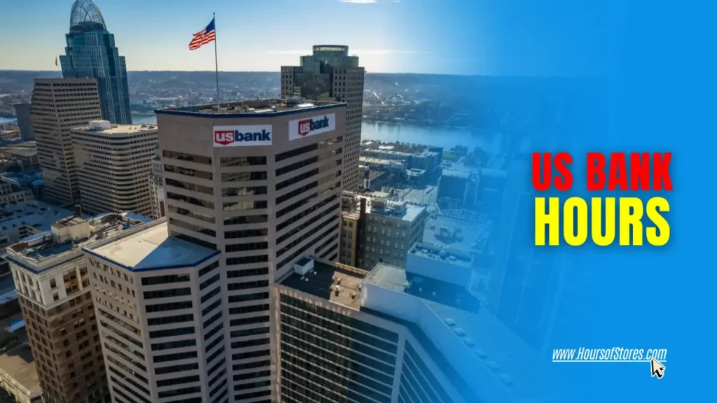 Skyline view of The US Bank Building With Blog Title Text - US Bank Hours
